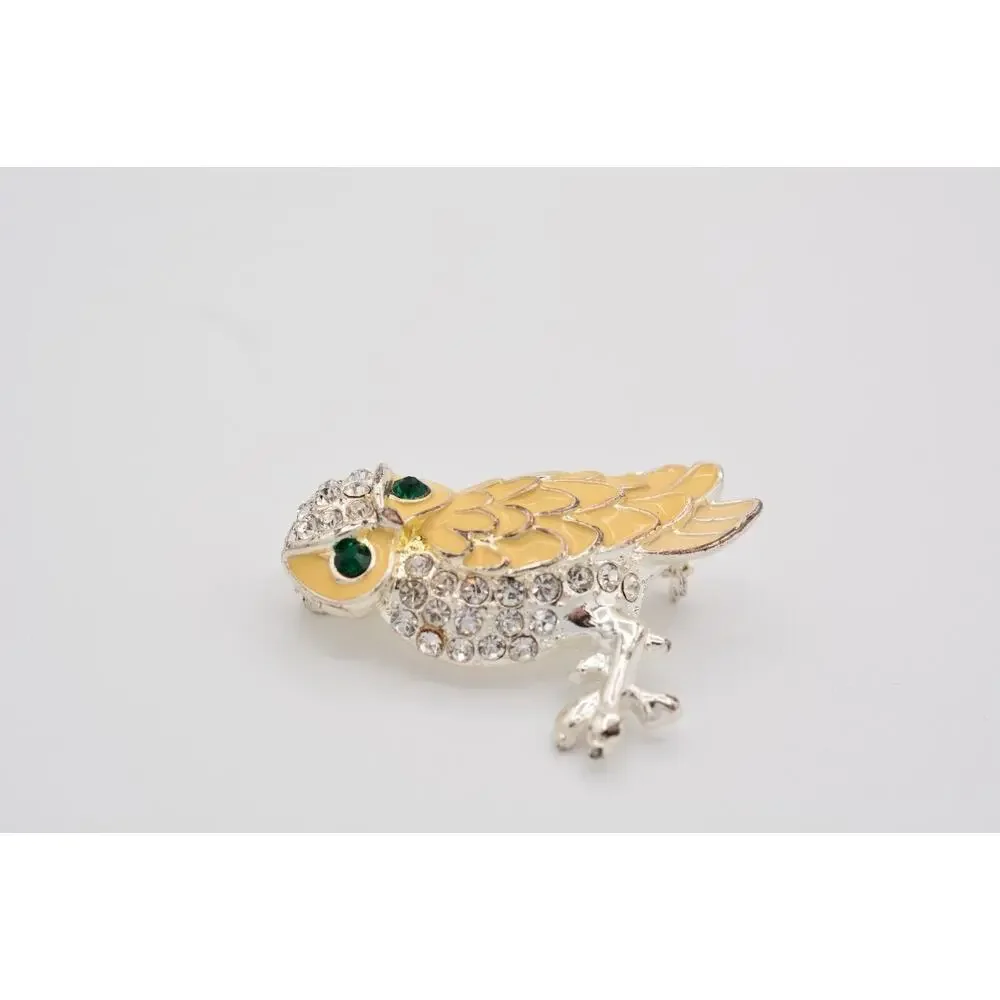 Vintage Owl Pin Brooch Rhinestone Crystal Green Cream Enamel Silver Shiny BinAT